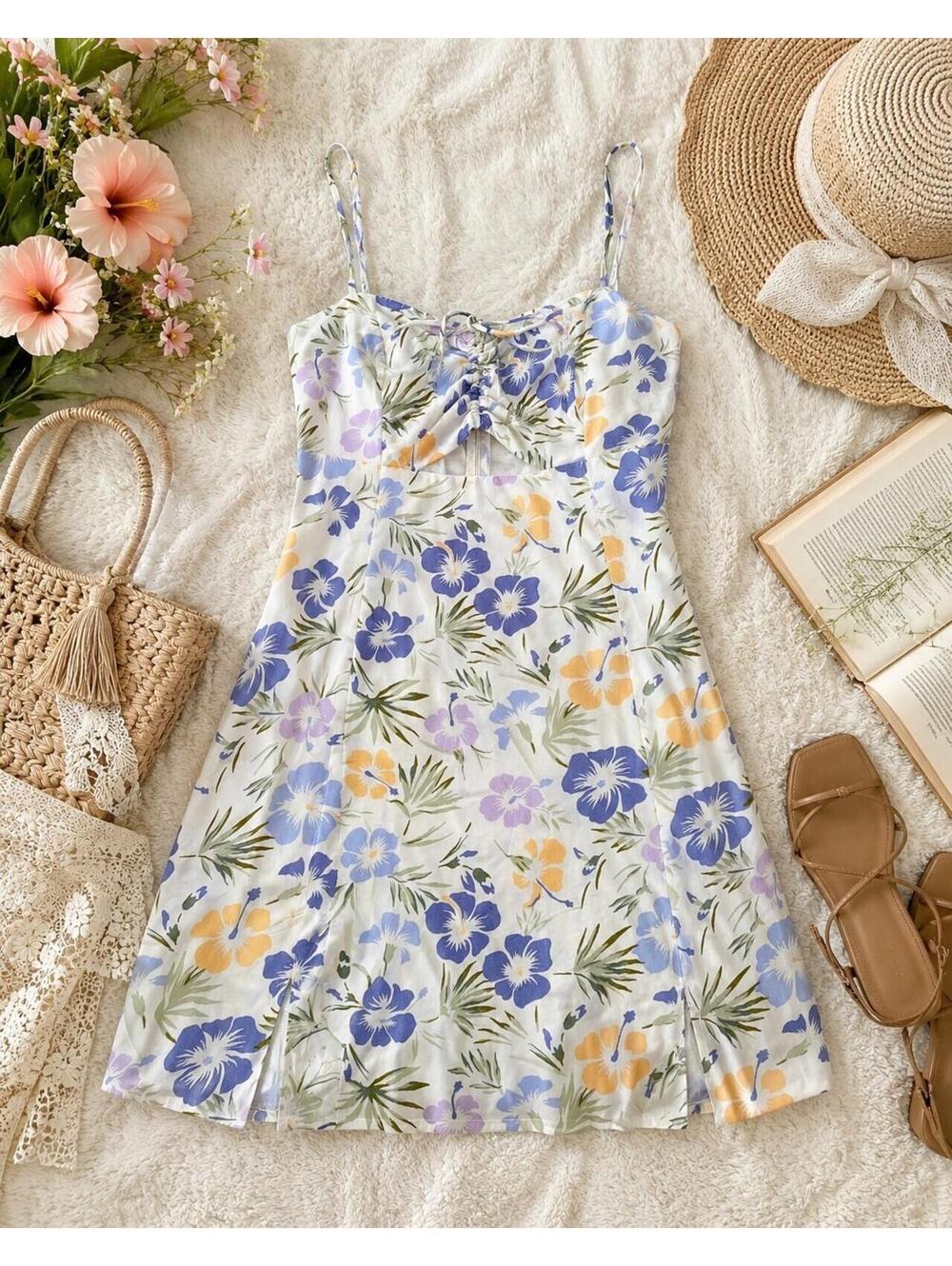 Aeropostale Hibiscus Floral Sundress Women M Tropical Hawaiian Mini Dress